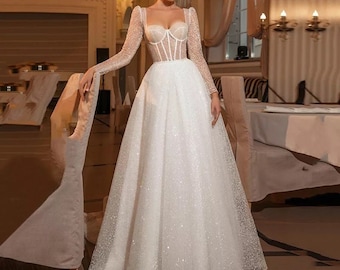 Custom Glitter Wedding Dresses Size-Inclusive Pinterest Dupe Cheap Under 500 Puff Sleeve Prom