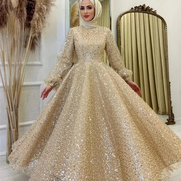 Champagne Sequin Modest Evening Dress High Neck Long Puffy Sleeves Muslim Islamic Arabic Dubai Women Prom Formal Party Gown