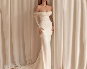 Custom 2-Piece Glitter Mermaid Wedding Dresses Size-Inclusive Pinterest Dupe Cheap Under 500 Off Shoulder Glitter Long Shiny Sleeves