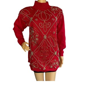 Vintage 80s 90s Beaded Red Mock Neck Sweater/ 90s Embellished Sweater/ Women&#39;s vintage sweater/ 90s  Red Sweater