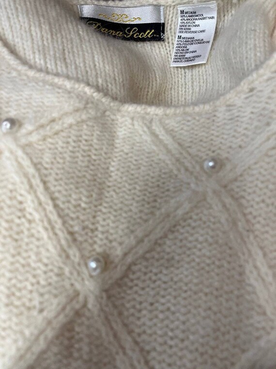 Vintage 90s  Pearl Embellished Sweater/  Ivory La… - image 7