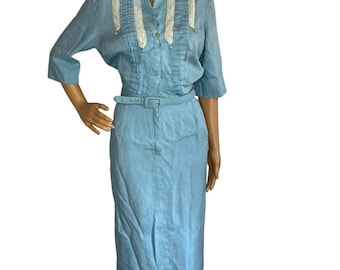 Vintage 1940s 50s Powder Blue Belted MIDI Dress/ 40s Dress/ 40s Vintage/ 50s Dress