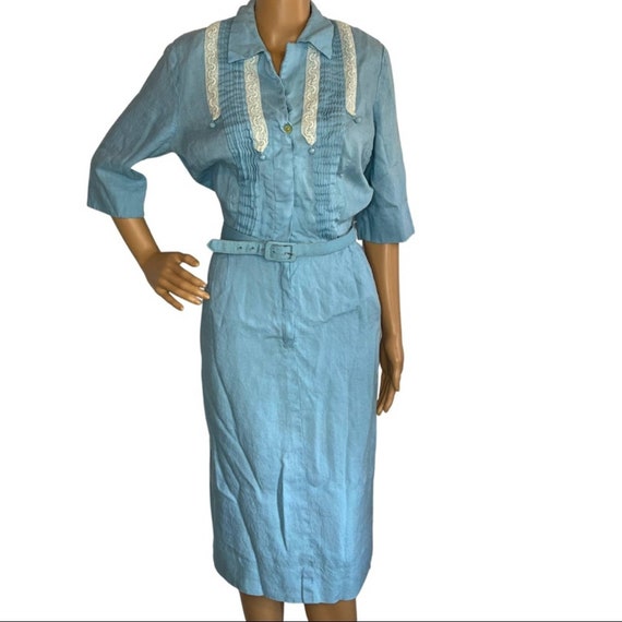 Vintage 1940s 50s Powder Blue Belted MIDI Dress/ … - image 1