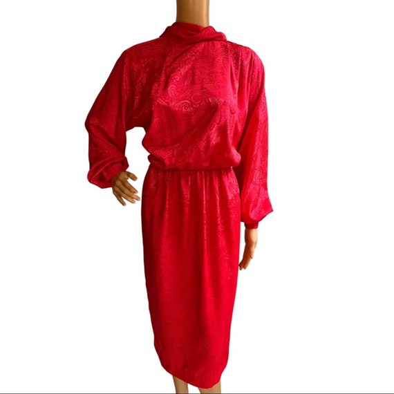 Vintage 70s 80s Red Jacquard Secretary Dress - image 1