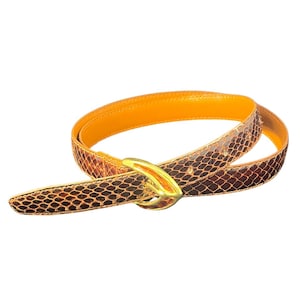 Vintage Genuine Snakeskin Belt | 1980s 90s Gold Buckle Power Dressing | Med 34" Exotic Leather image 1