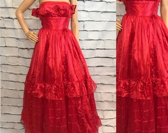 Vintage 80s Red Strapless Alfred Angelo Ballgown