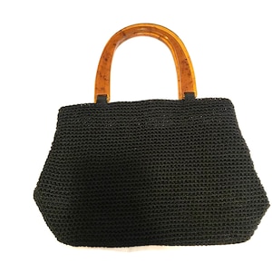 Vintage mid century 60s black knit bag lucite handles
