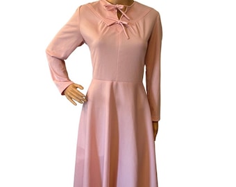Vintage 60s Pale Pink Long Sleeve Dress with Bow Detail