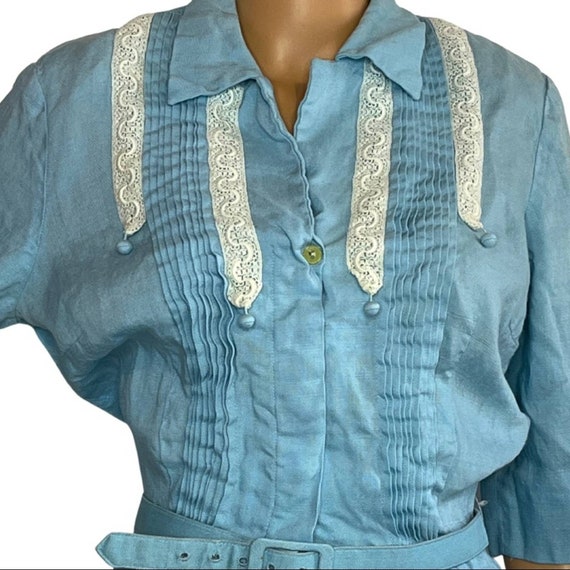 Vintage 1940s 50s Powder Blue Belted MIDI Dress/ … - image 2