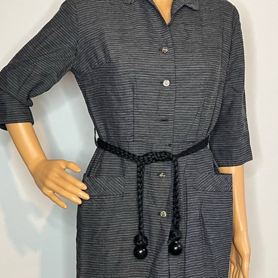 Vintage 1940s Gray Black Striped Shirt Dress - image 2