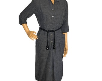 Vintage 1940s Gray Black Striped Shirt Dress