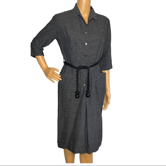 Vintage 1940s Gray Black Striped Shirt Dress - image 1