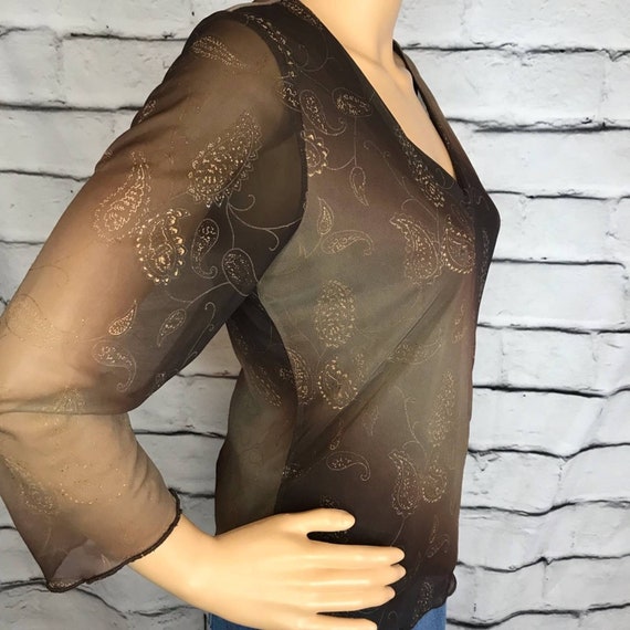 Vintage 90s Y2K Brown Mesh Paisley Top - image 4