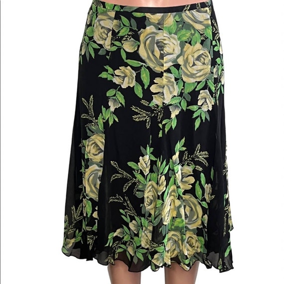 Vintage Y2K Silk Black Green Floral MIDI Skirt - image 1