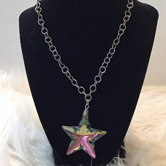 Vintage faux rainbow crystal star necklace - image 1