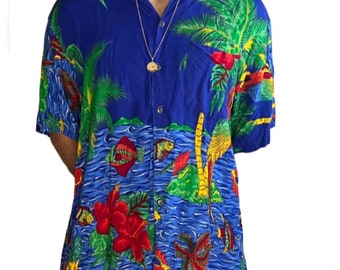 Camicia da uomo vintage anni '90 Tropical Button Down
