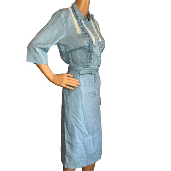 Vintage 1940s 50s Powder Blue Belted MIDI Dress/ … - image 3