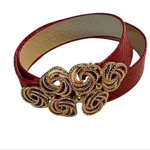 Vintage 80s 90s Red Leather Faux Snake Belt Ornate gold filigree buckle