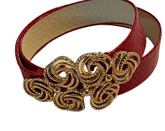 Vintage 80s 90s Red Leather Faux Snake Belt Ornate gold filigree buckle