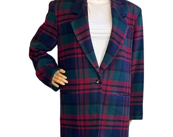 Vintage 80s 90s Tartan Plaid Boxy Blazer, Vintage Wool Blazer, Vintage 90s Plaid Blazer, Vintage wool blazer, Plaid oversized blazer,