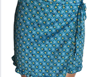 Vintage 90s Y2K Turquoise Floral Wrap Mini Skirt