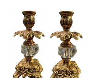 Vintage 60s Pair of Hollywood Glam Beautiful Solid Brass and Glass Candlesticks