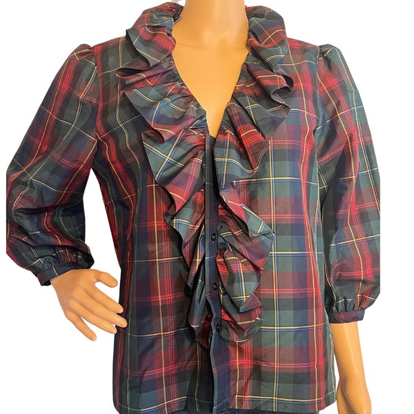 Vintage Deadstock 90s Y2K Plaid Ruffle Blouse Size Large, Vintage Plaid Blouse, Plaid Blouse, Preppy Plaid Blouse, Christmas Blouse