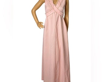 Vintage 60s 70s Light Pink Handmade Maxi Dress with Lace Trim