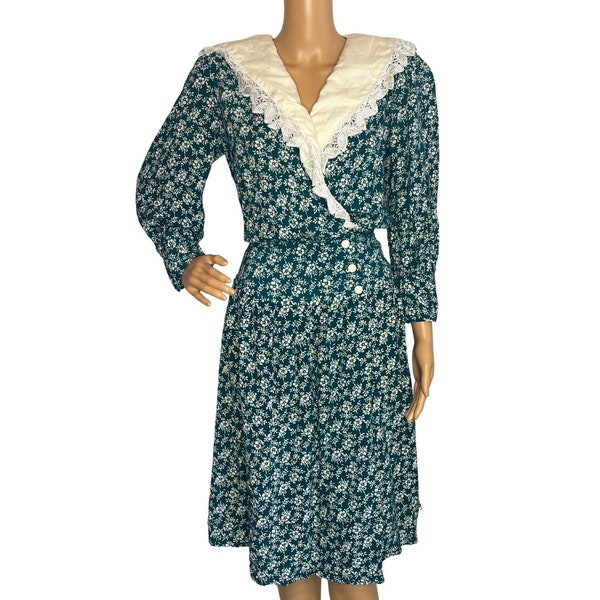 Vintage 80s 90s Floral Teal Midi Tea Length Dress Size 14