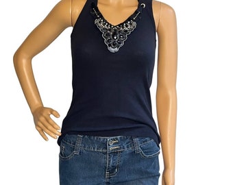 Vintage Y2K Black Embellished Tank Top Size Small