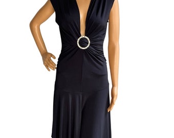 Vintage Y2K Sexy Little Black Dress Plunging Neckline with Rhinestone O ring