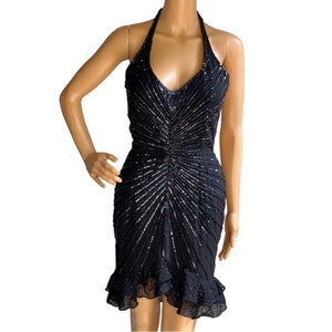 Vintage 90s Y2K Black Silk Beaded Halter Mini Cocktail Dress