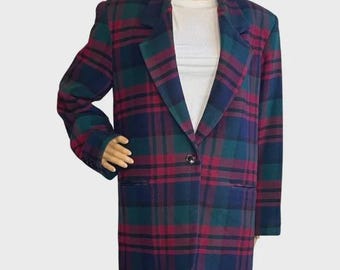 Vintage 80s 90s Westbound Tartan Plaid Wool Blazer | Oversized Boxy Checked Jacket Navy Red Green | Dark Academia Academic Style | Size 12