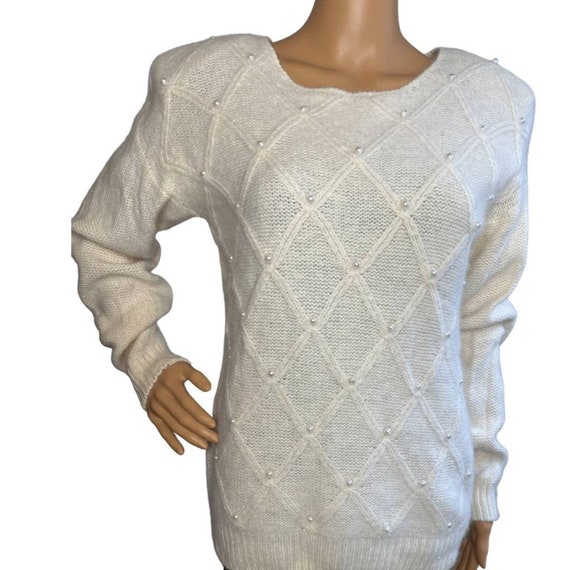 MsFitzVintage Vintage 90s Pearl Embellished Sweater/ Ivory Lambs Wool Angora Pullover Sweater/ Vintage White Sweater/ Angora Sweater