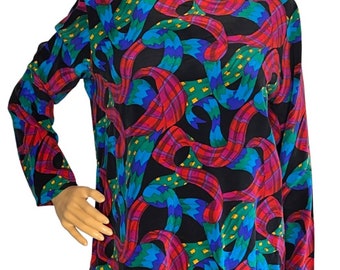 Vintage 80s 90s Colorful Baroque Pattern Silk Blouse