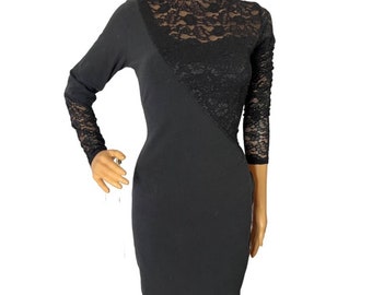 Vintage 80s 90s Black Long Sleeve Spandex Lyrca and Lace Mini BodyCon dress