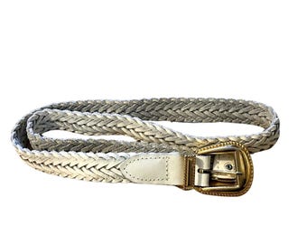 Vintage Woven White Leather Belt with Metallic Buckle VINTAGE 90s White Vegan Faux Leather Western Silver Buckle  main image 3
