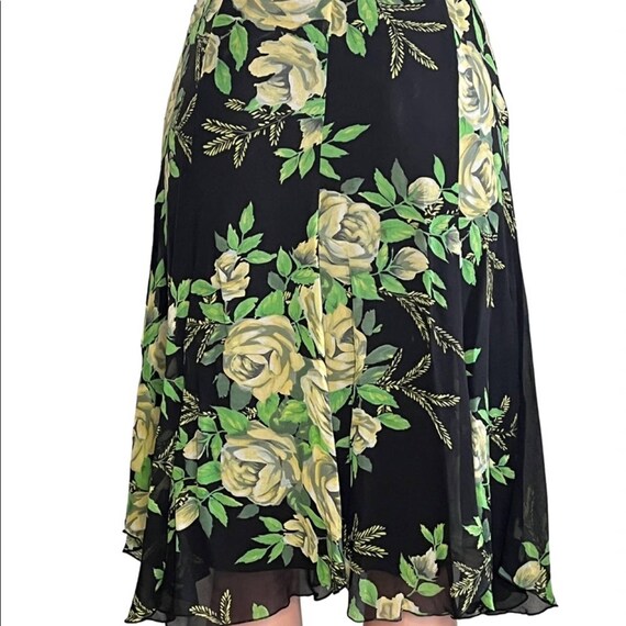 Vintage Y2K Silk Black Green Floral MIDI Skirt - image 3