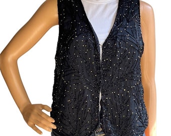 Vintage 90s Black Satin Beaded and Sequins Vest