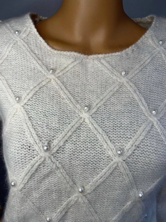 Vintage 90s  Pearl Embellished Sweater/  Ivory La… - image 6