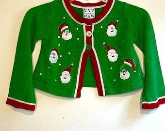 Girls Vintage Green Red & White Christmas Cardigan with embroidered Santa Claus, Girls Christmas Cardigan, Kids Vintage Xmas Sweater