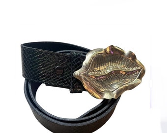 Vintage 90s Green and Black Faux Snakeskin Belt with Leaf Buckle