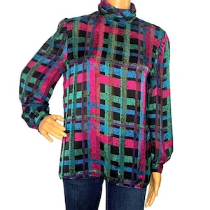 Vintage 80s Jewel Tone Abstract Plaid High Neck Satin Polyester Blouse