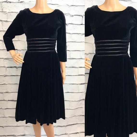 Vintage 50s 60s Black Velvet Cocktail Dress - image 1