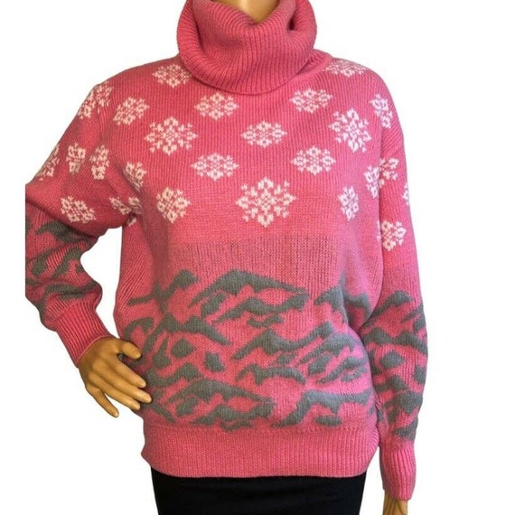 Vintage 90s Pink Abstract Turtleneck Sweater - image 1