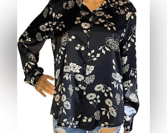 Vintage Y2K Black and Beige Satin Long Sleeve Floral Blouse, y2k pretty satin button down, Vintage Y2K Blouse