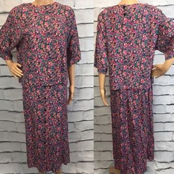 Vintage 90s Floral Rayon Maxi Skirt Set, Pink Flo… - image 2