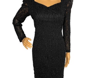 Vintage 90s LBD Black Sparkly Long Sleeve Cocktail Dress