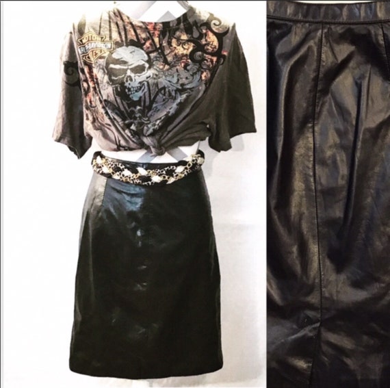 Vintage 80's Black Leather Mini Skirt, Vintage Ro… - image 1