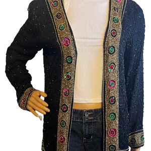Vintage 80er Seide Perlen und Pailletten vorne offene Jacke, Vintage Perlen Jacke, 90er Vintage Urlaub Kleidung, 80er Vintage Abendjacke